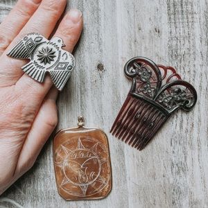 Thunderbird ring, vintage hair comb + sun pendant